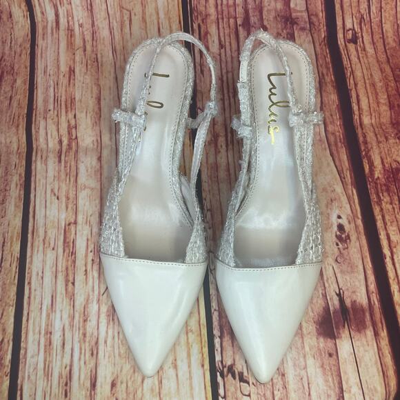 Lulus Steviee ivory cream pointed-toe pumps slingback sz 8.5 faux leather tweed - Picture 4 of 6